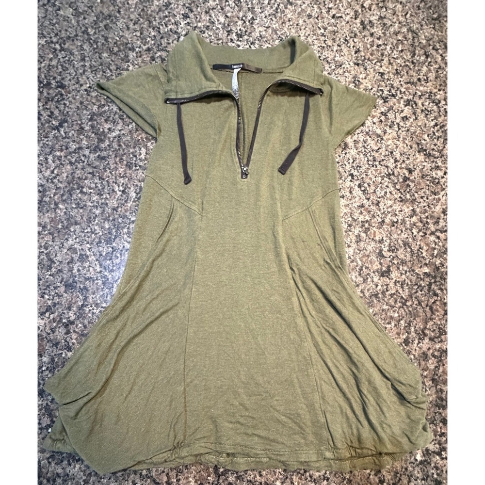 Kensie Womens‎ Olive Green Half Zip Short Sleeve Mini Dress XS Pocket Bubble Hem